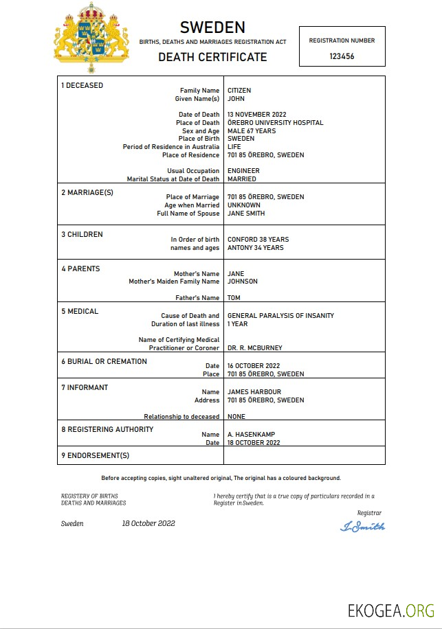 Modèle Word et PDF de certificat de décès de l'état civil de la Suède